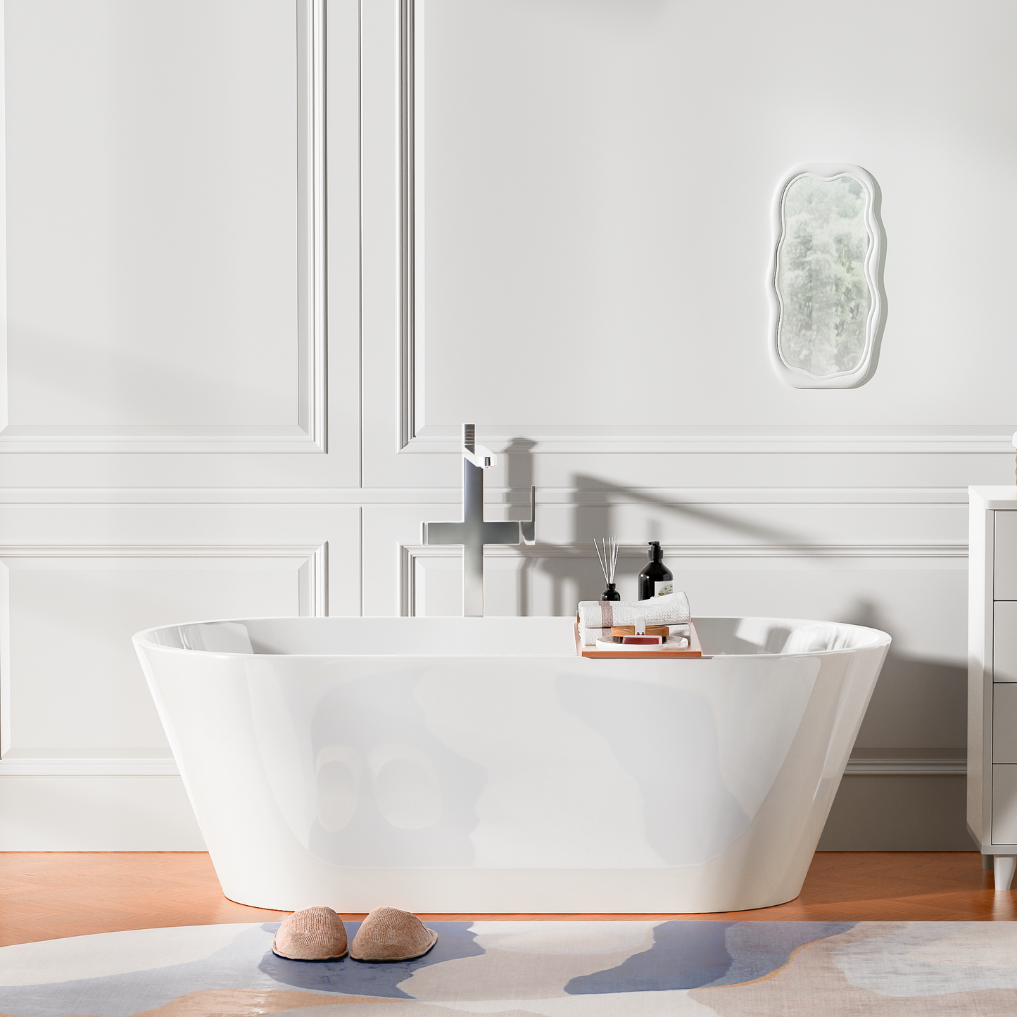 Free Standing Tub 59" Acrylic Freestanding Bathtub Contemporary Soaking Tub,White